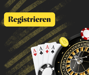 Registrieren Button mit Spielkarten, Roulette und Casinochips